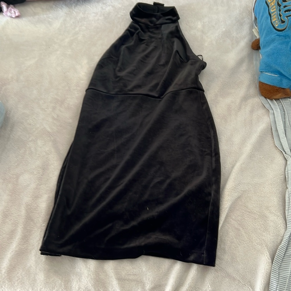 Miss Selfridge high neck black velvet open back adorned with a bow dress